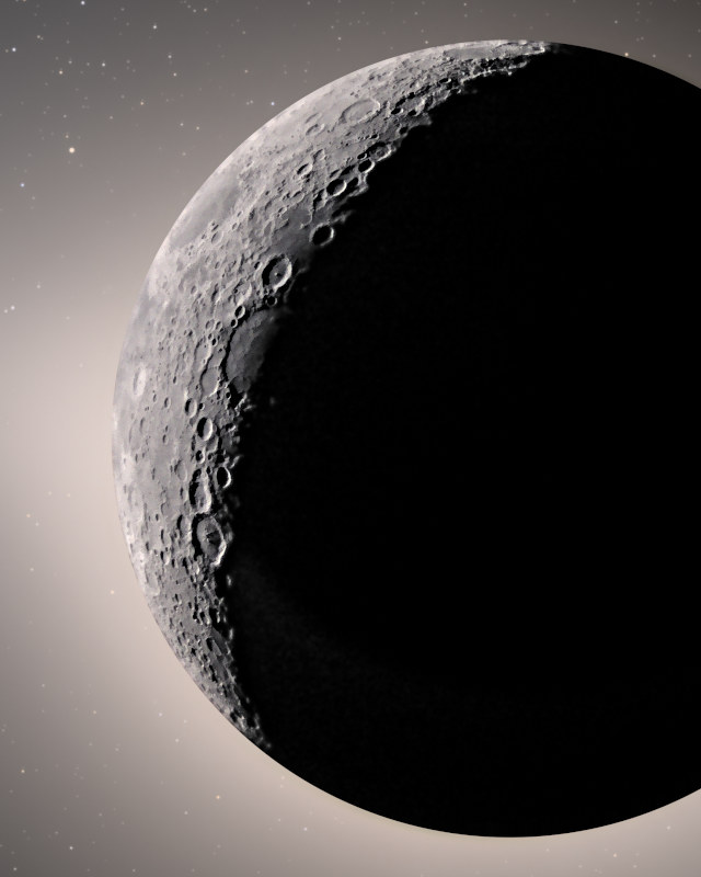 地球照に照らされた月の三日月と、縁に並ぶクレーター / The Earthlit crescent of the Moon, with craters along its edge