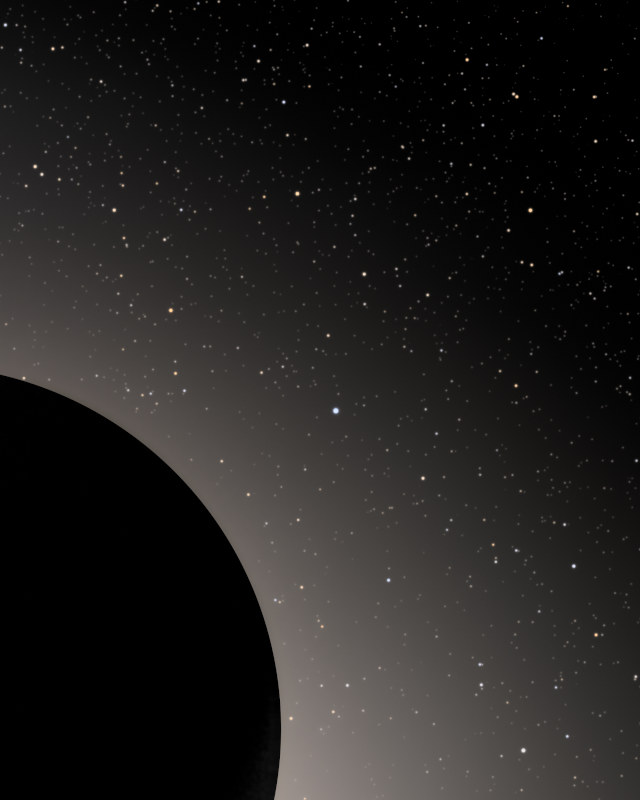 星空と淡い光を背にした、月の裏側の黒い縁 / The black edge of the Moon's far side against the stars and the glow