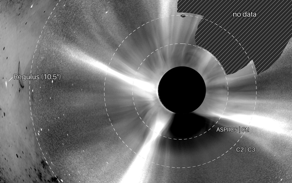 ASPIICS、LASCO C2・C3 の画像を合成した、月の円盤のまわりの太陽コロナ / The solar corona around the Moon's disc, combined from ASPIICS, LASCO C2 and C3 images